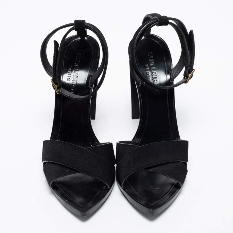 Pre Owned Saint Laurent Black Suede Crisscross Ankle Strap Sandals Size 37