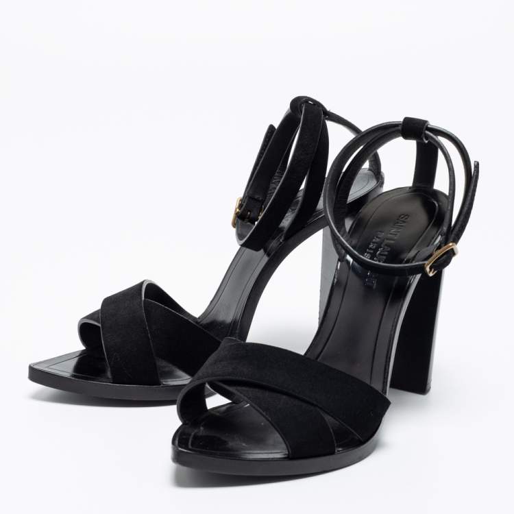 Pre Owned Saint Laurent Black Suede Crisscross Ankle Strap Sandals Size 37