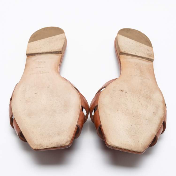 Pre Owned Saint Laurent Brown Leather Tribute Flat Slides Size 38.5