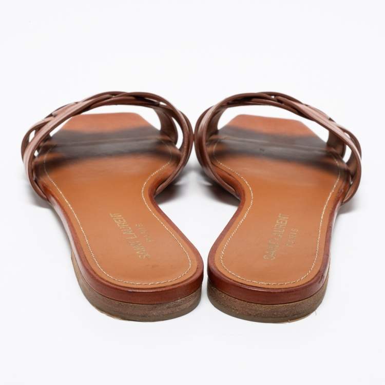 Pre Owned Saint Laurent Brown Leather Tribute Flat Slides Size 38.5