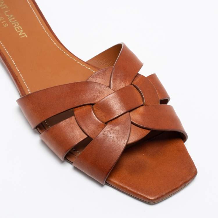 Pre Owned Saint Laurent Brown Leather Tribute Flat Slides Size 38.5