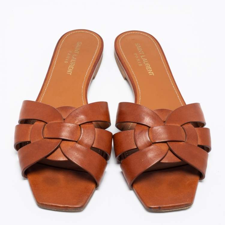 Pre Owned Saint Laurent Brown Leather Tribute Flat Slides Size 38.5