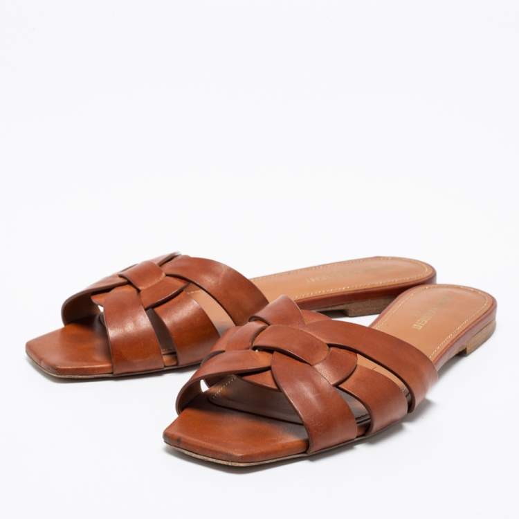 Pre Owned Saint Laurent Brown Leather Tribute Flat Slides Size 38.5