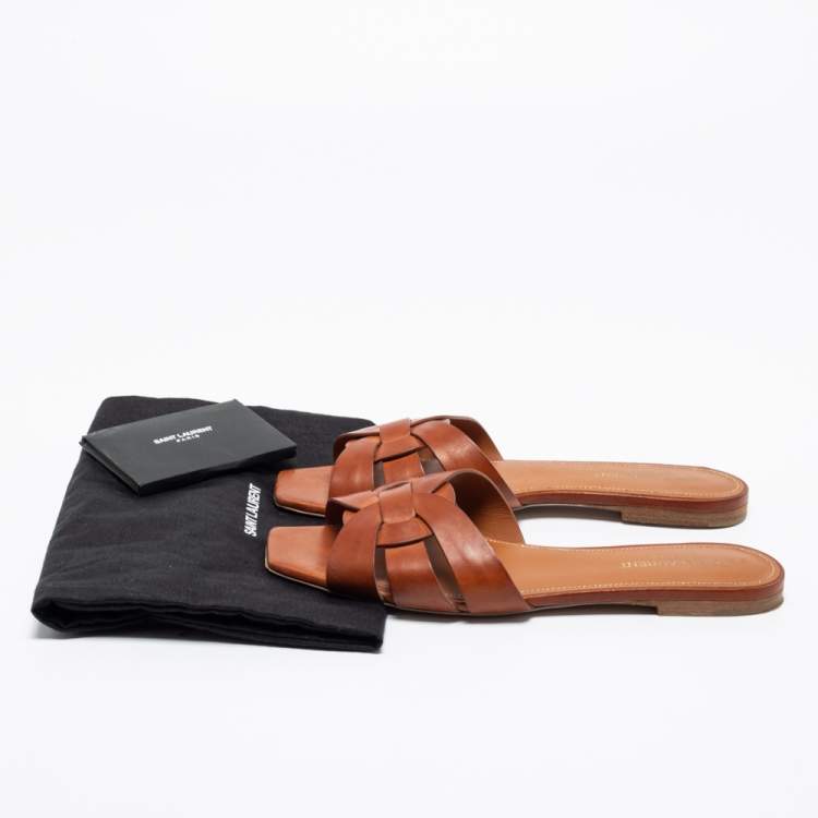 Pre Owned Saint Laurent Brown Leather Tribute Flat Slides Size 38.5