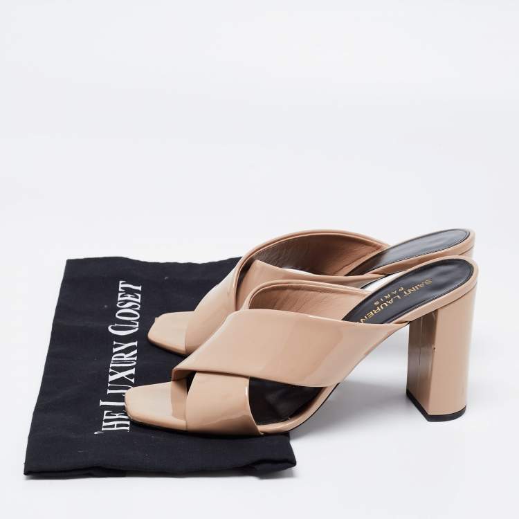Pre Owned Saint Laurent Beige Patent Leather Lou Lou Mules Size 39