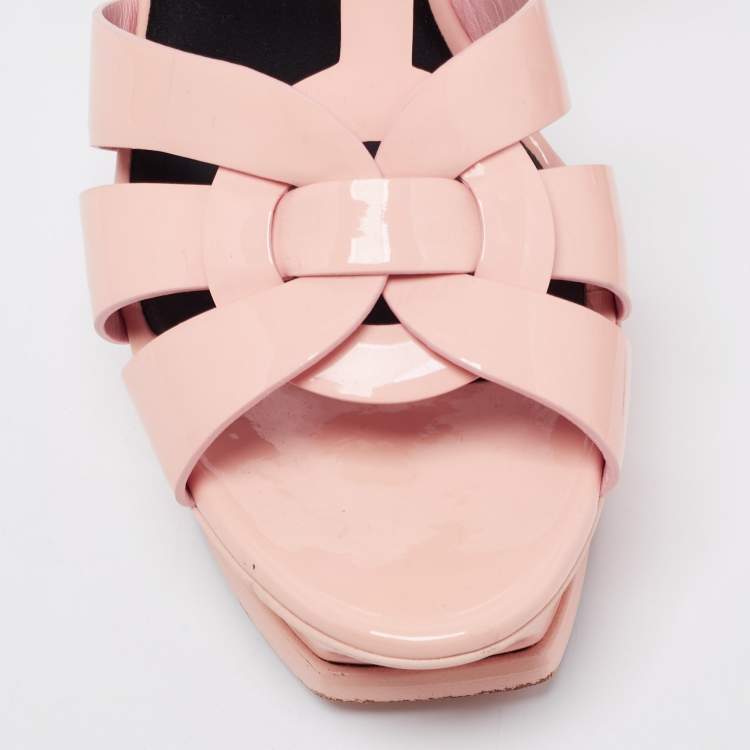 Pre Owned Saint Laurent Light Peach Pink Patent Leather Tribute Platform Sandals Size 39.5