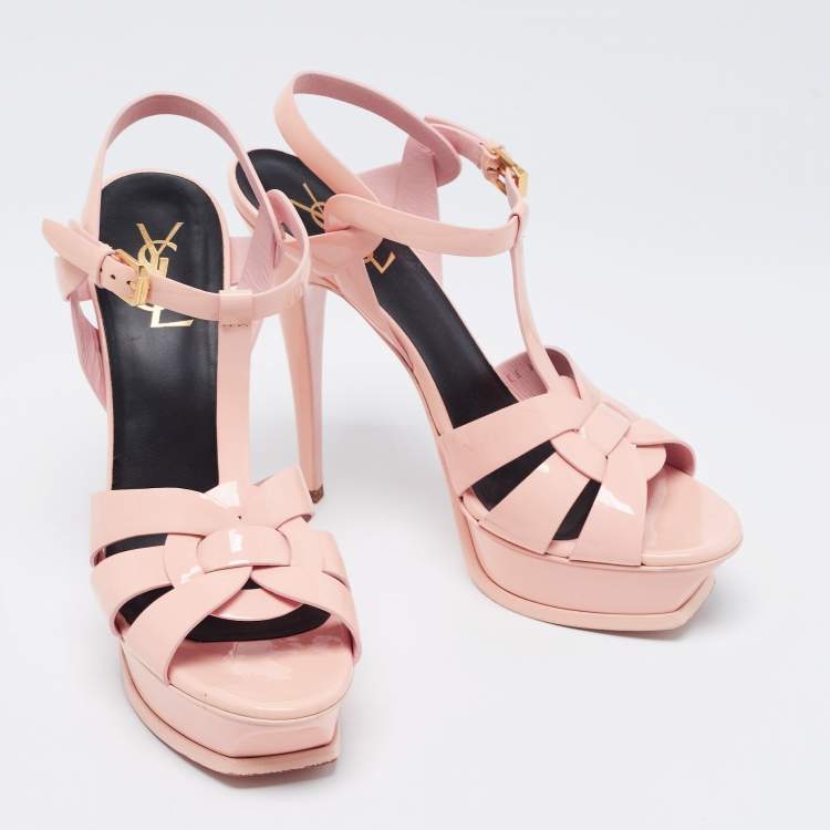 Pre Owned Saint Laurent Light Peach Pink Patent Leather Tribute Platform Sandals Size 39.5