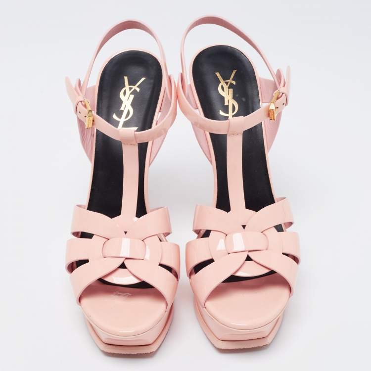 Pre Owned Saint Laurent Light Peach Pink Patent Leather Tribute Platform Sandals Size 39.5