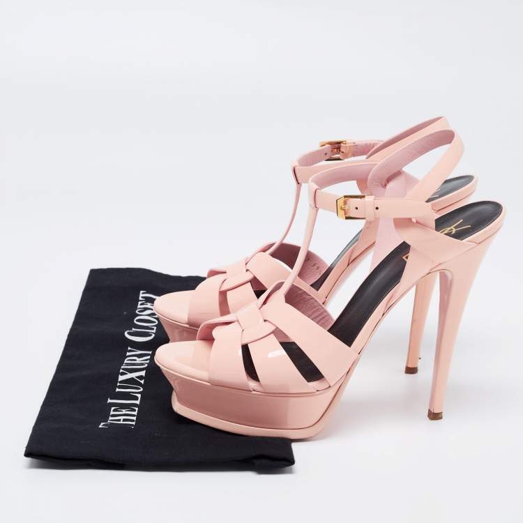 Pre Owned Saint Laurent Light Peach Pink Patent Leather Tribute Platform Sandals Size 39.5