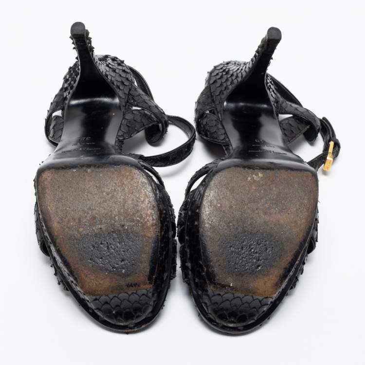 Pre Owned Saint Laurent Black Python Embossed Leather Tribute  Platform  Sandals Size 38