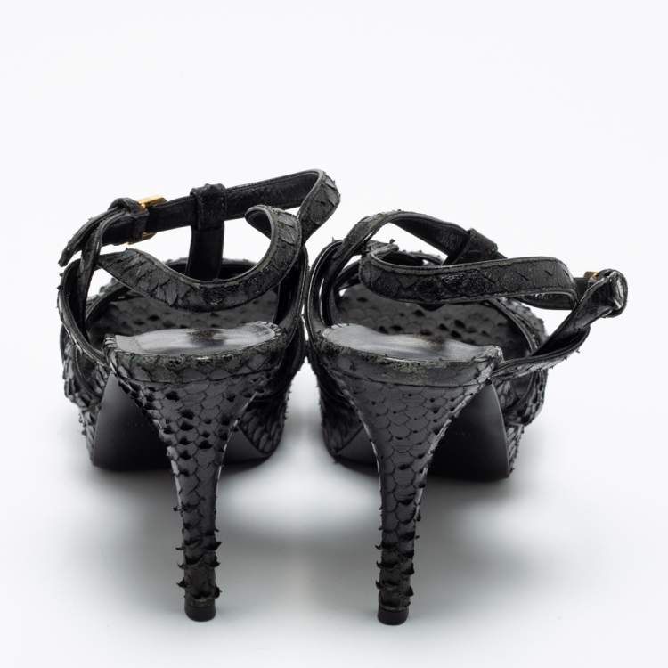 Pre Owned Saint Laurent Black Python Embossed Leather Tribute  Platform  Sandals Size 38