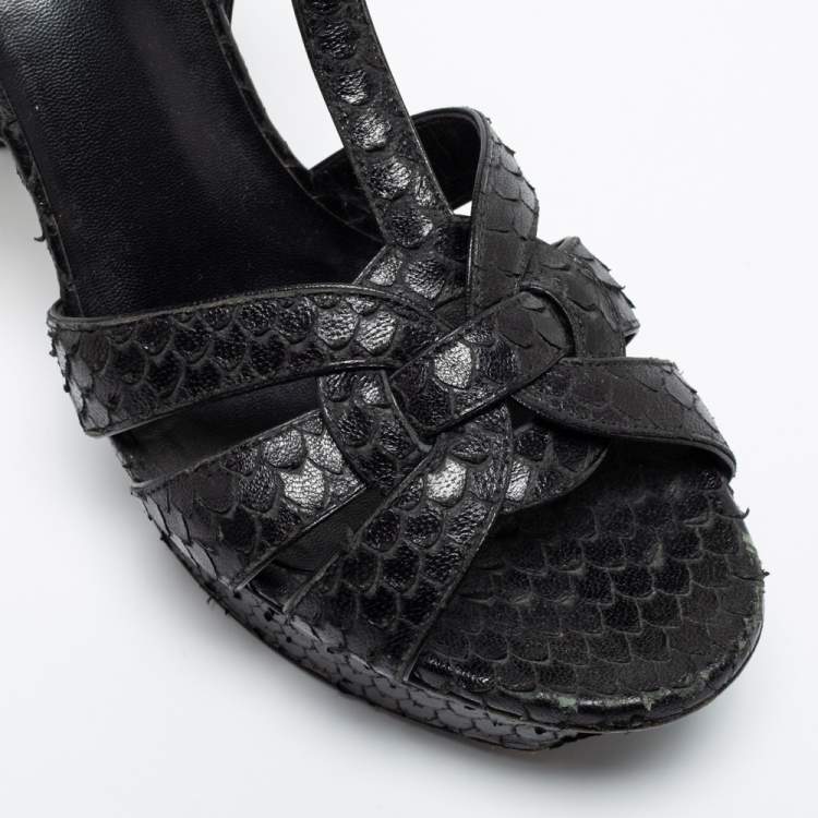 Pre Owned Saint Laurent Black Python Embossed Leather Tribute  Platform  Sandals Size 38