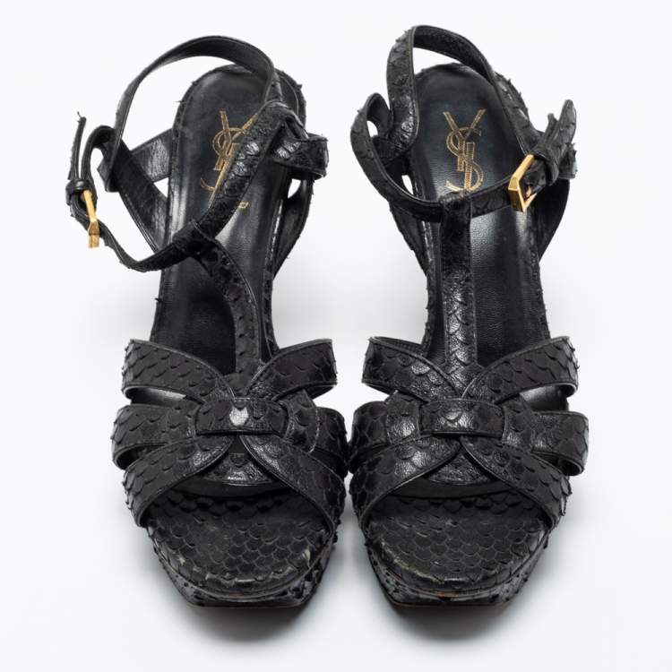 Pre Owned Saint Laurent Black Python Embossed Leather Tribute  Platform  Sandals Size 38