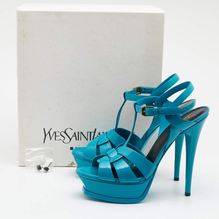 Pre Owned Saint Laurent Blue Patent Leather Tribute Platform Ankle Strap Sandals Size 39
