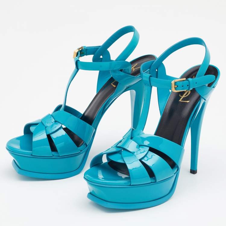 Pre Owned Saint Laurent Blue Patent Leather Tribute Platform Ankle Strap Sandals Size 39