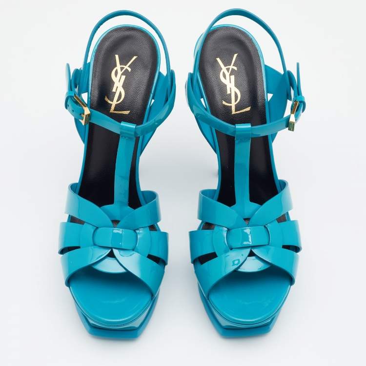 Pre Owned Saint Laurent Blue Patent Leather Tribute Platform Ankle Strap Sandals Size 39