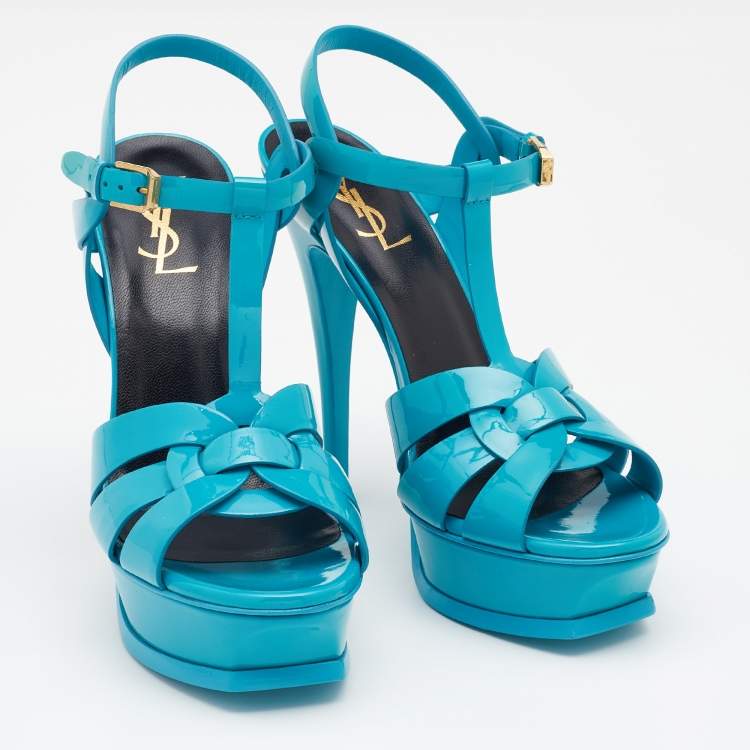 Pre Owned Saint Laurent Blue Patent Leather Tribute Platform Ankle Strap Sandals Size 39