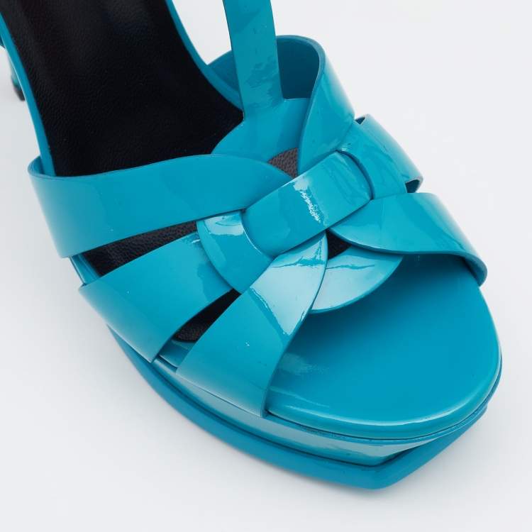 Pre Owned Saint Laurent Blue Patent Leather Tribute Platform Ankle Strap Sandals Size 39