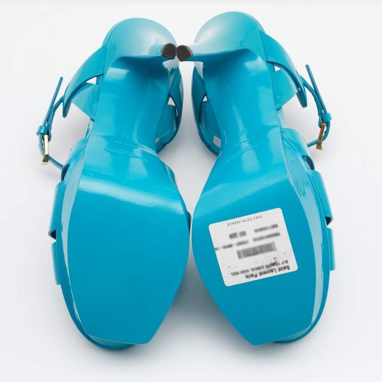 Pre Owned Saint Laurent Blue Patent Leather Tribute Platform Ankle Strap Sandals Size 39