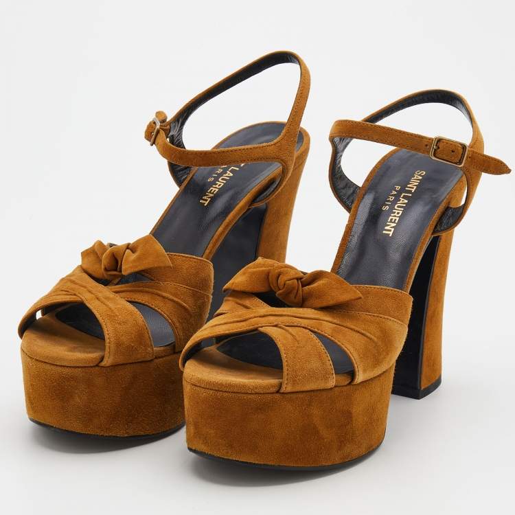 Pre Owned Saint Laurent Brown Suede Ankle Strap Platform Sandals Size 38