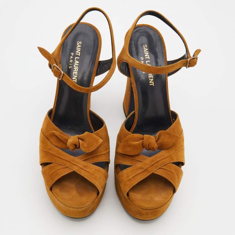 Pre Owned Saint Laurent Brown Suede Ankle Strap Platform Sandals Size 38
