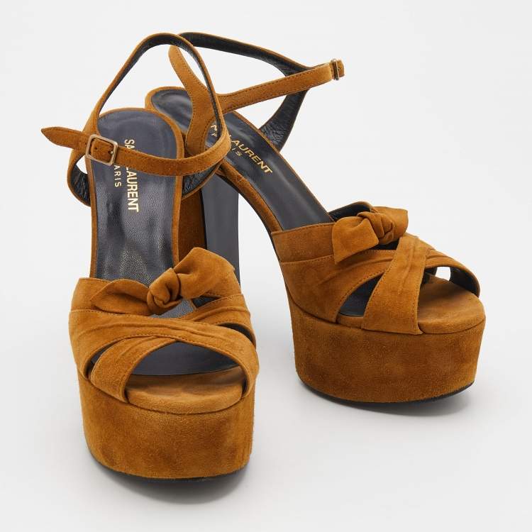 Pre Owned Saint Laurent Brown Suede Ankle Strap Platform Sandals Size 38