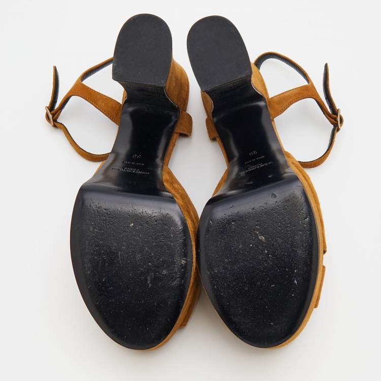 Pre Owned Saint Laurent Brown Suede Ankle Strap Platform Sandals Size 38