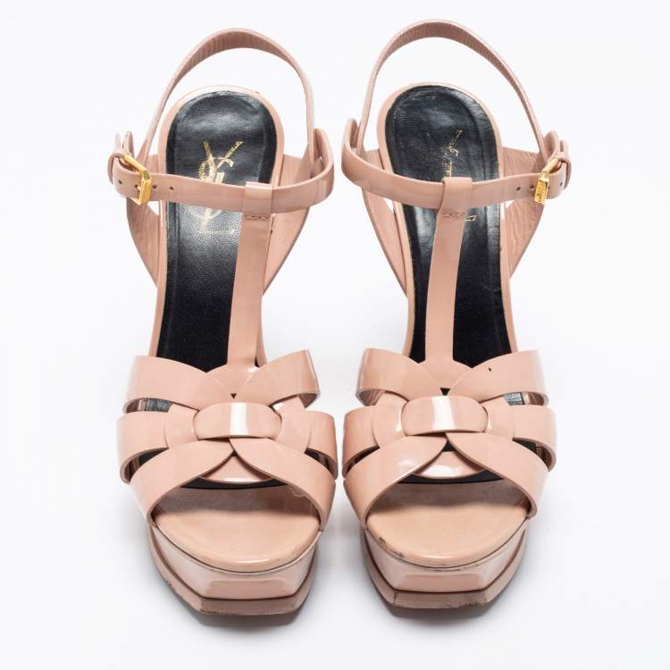 Pre Owned Saint Laurent Light Pink Patent Leather Tribute Platform Sandals Size 39