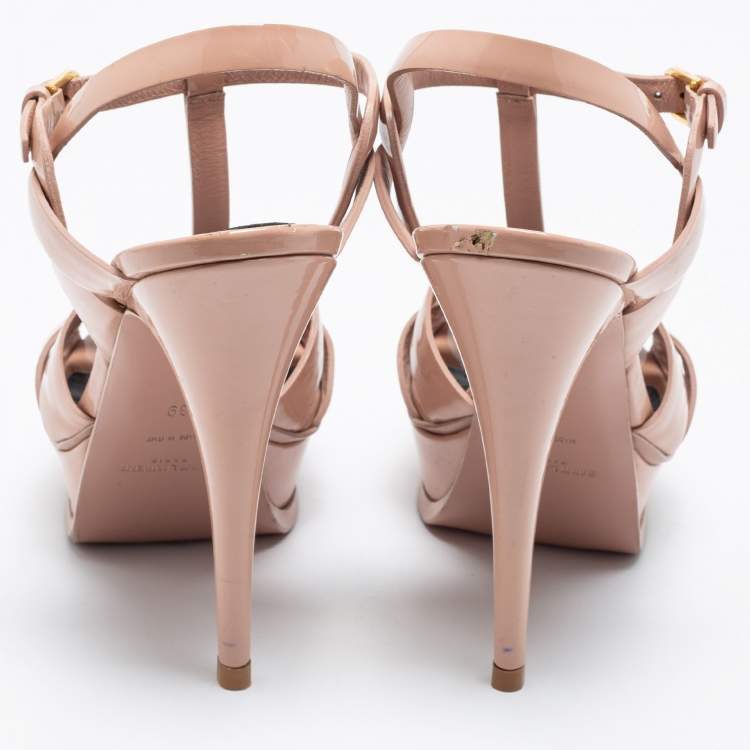 Pre Owned Saint Laurent Light Pink Patent Leather Tribute Platform Sandals Size 39