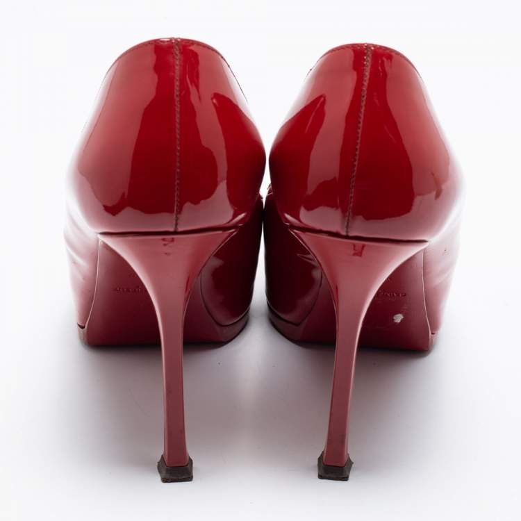 Pre Owned Saint Laurent Red Patent Leather Tribtoo Platform Pumps Size 37.5