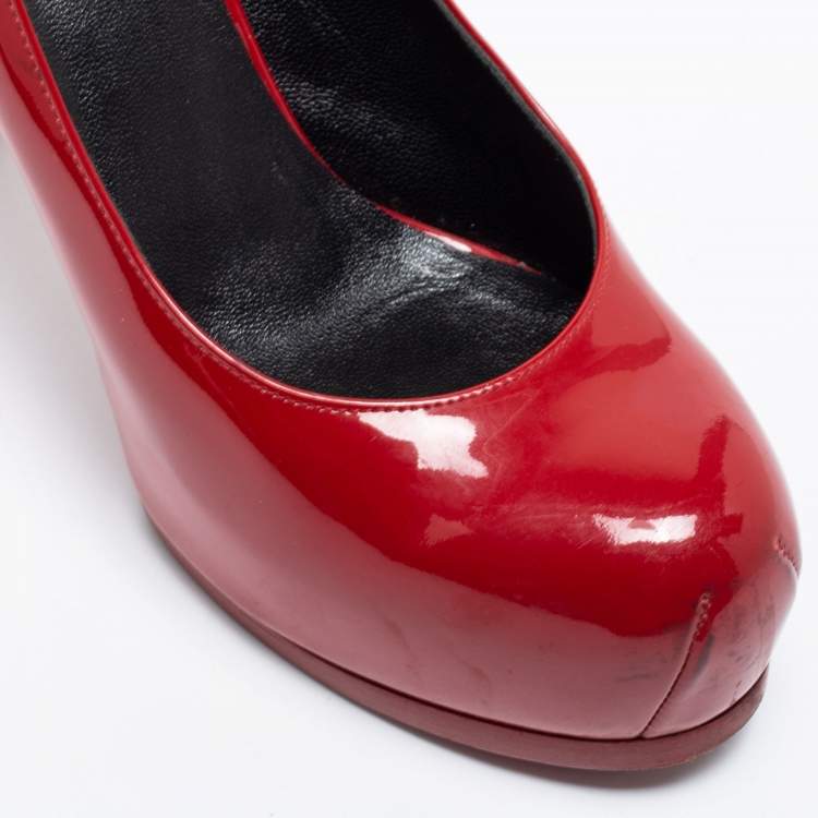 Pre Owned Saint Laurent Red Patent Leather Tribtoo Platform Pumps Size 37.5