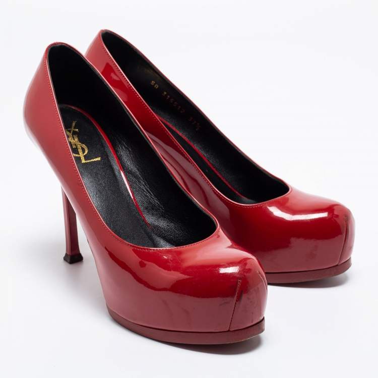 Pre Owned Saint Laurent Red Patent Leather Tribtoo Platform Pumps Size 37.5