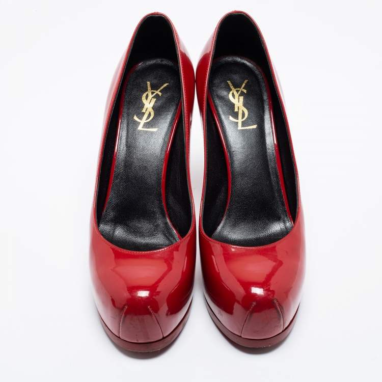 Pre Owned Saint Laurent Red Patent Leather Tribtoo Platform Pumps Size 37.5