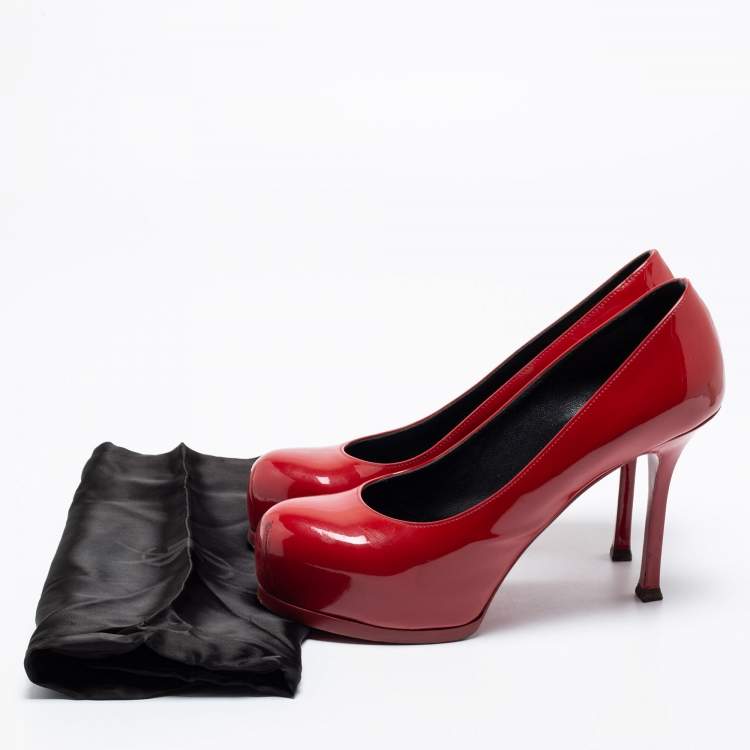 Pre Owned Saint Laurent Red Patent Leather Tribtoo Platform Pumps Size 37.5