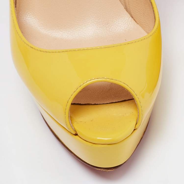 Pre Owned Christian Louboutin Yellow Patent Leather Zeppa Peep Toe Mary Jane Platform Pumps Size 35.5