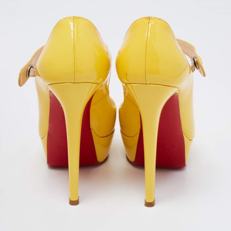 Pre Owned Christian Louboutin Yellow Patent Leather Zeppa Peep Toe Mary Jane Platform Pumps Size 35.5
