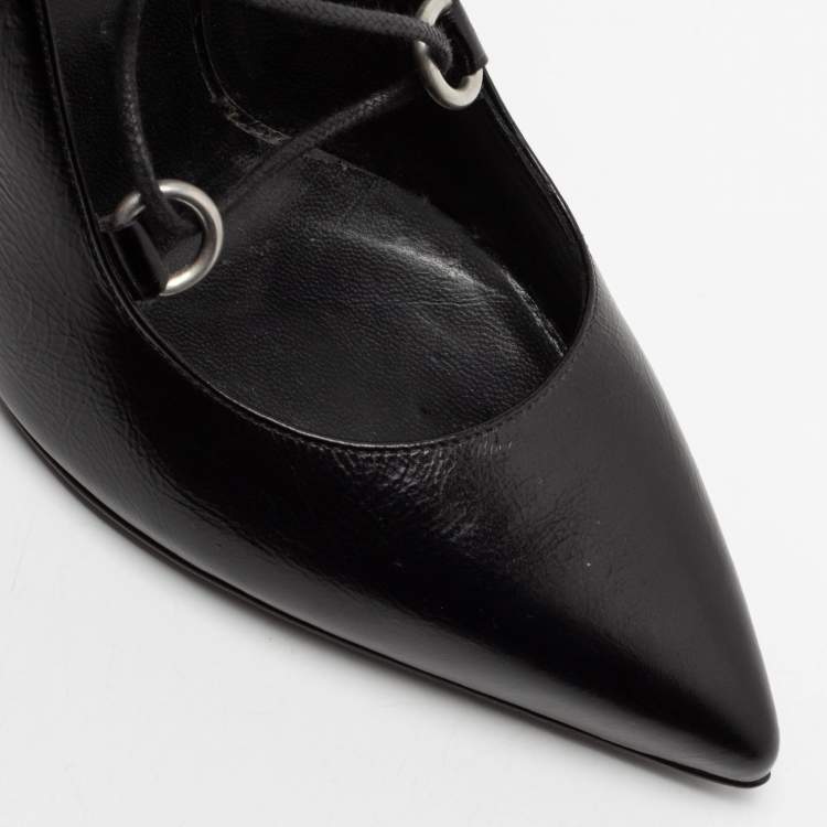 Pre Owned Saint Laurent Black Leather Thorn Lace Up Pointed Toe Pumps Size 36