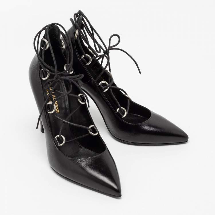 Pre Owned Saint Laurent Black Leather Thorn Lace Up Pointed Toe Pumps Size 36