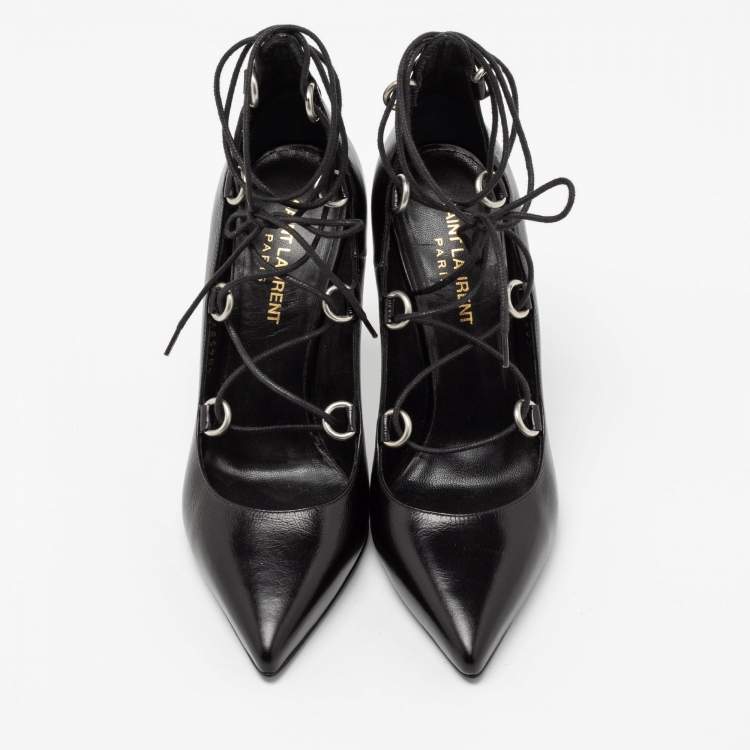 Pre Owned Saint Laurent Black Leather Thorn Lace Up Pointed Toe Pumps Size 36
