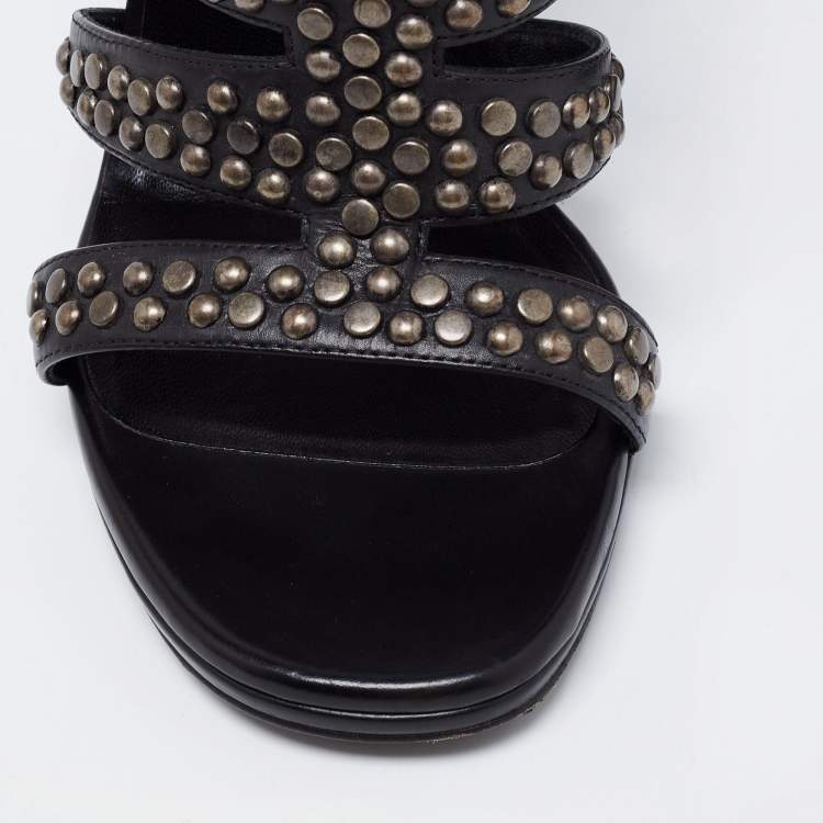 Pre Owned Saint Laurent Black Leather Studded Strappy Sandals Size 38