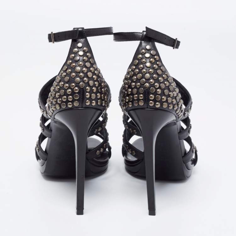 Pre Owned Saint Laurent Black Leather Studded Strappy Sandals Size 38