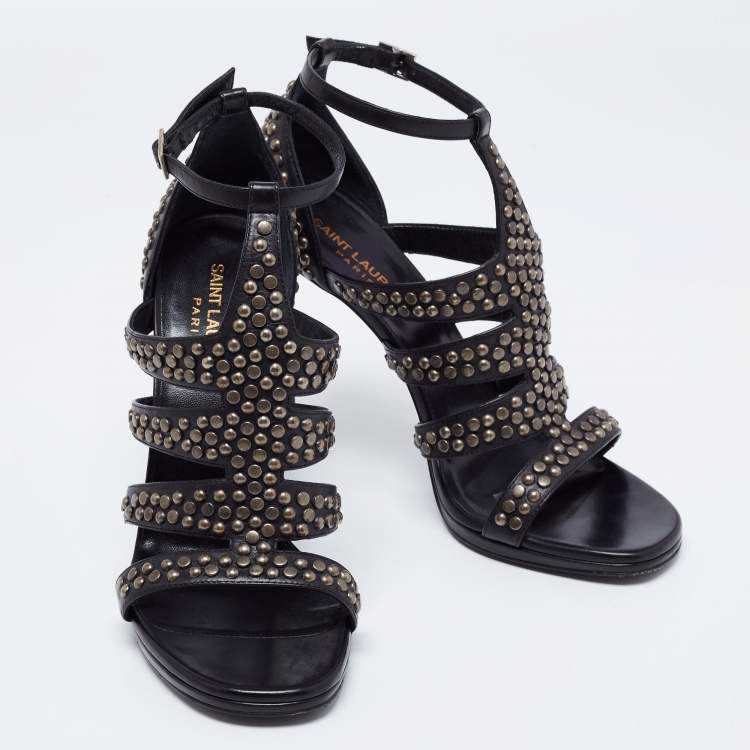 Pre Owned Saint Laurent Black Leather Studded Strappy Sandals Size 38