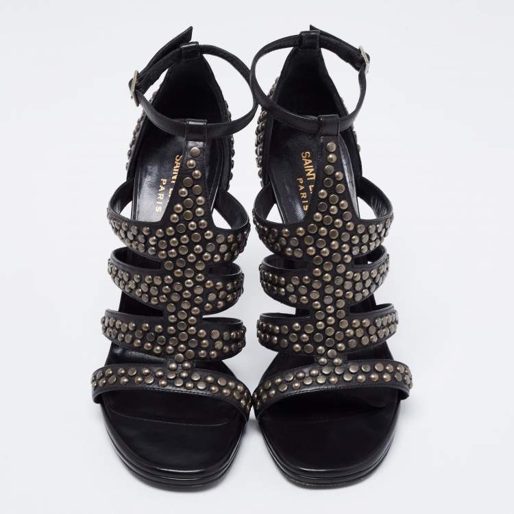 Pre Owned Saint Laurent Black Leather Studded Strappy Sandals Size 38