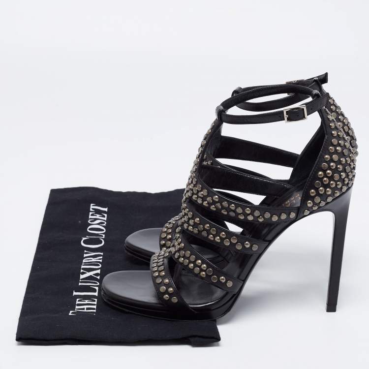 Pre Owned Saint Laurent Black Leather Studded Strappy Sandals Size 38