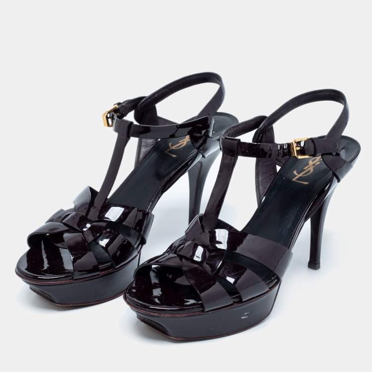 Pre Owned Saint Laurent Dark Burgundy Patent Leather Tribute Sandals Size 39