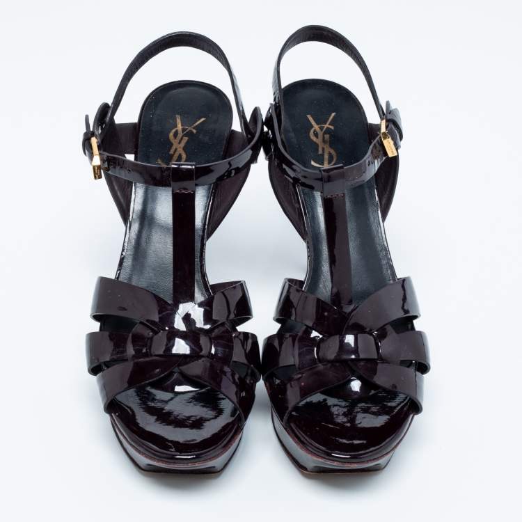 Pre Owned Saint Laurent Dark Burgundy Patent Leather Tribute Sandals Size 39