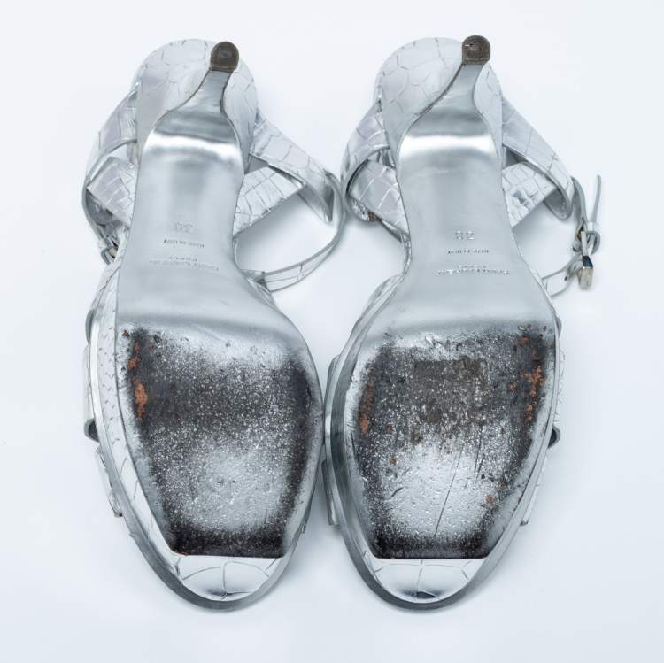 Pre Owned Saint Laurent Silver Croc Embossed Leather Tribute Sandals Size 38