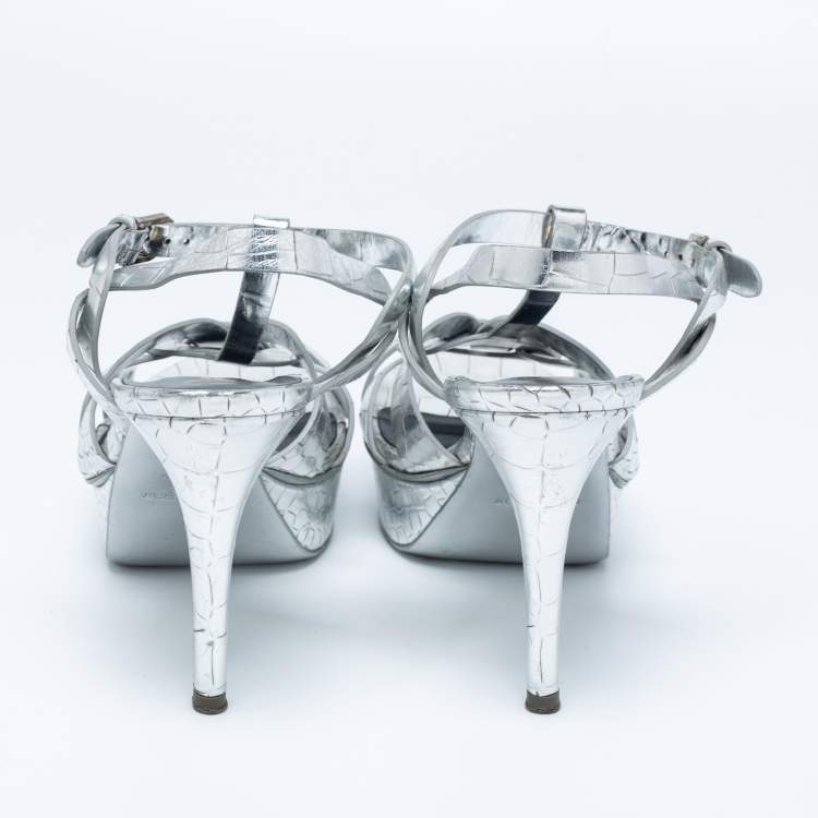 Pre Owned Saint Laurent Silver Croc Embossed Leather Tribute Sandals Size 38