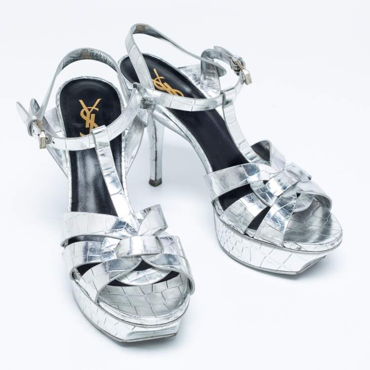 Pre Owned Saint Laurent Silver Croc Embossed Leather Tribute Sandals Size 38
