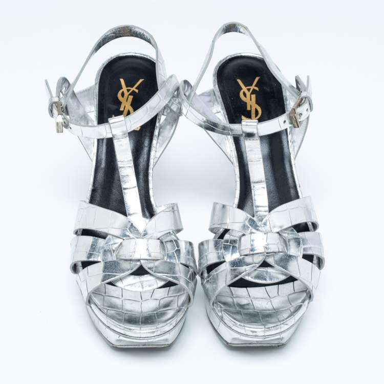 Pre Owned Saint Laurent Silver Croc Embossed Leather Tribute Sandals Size 38